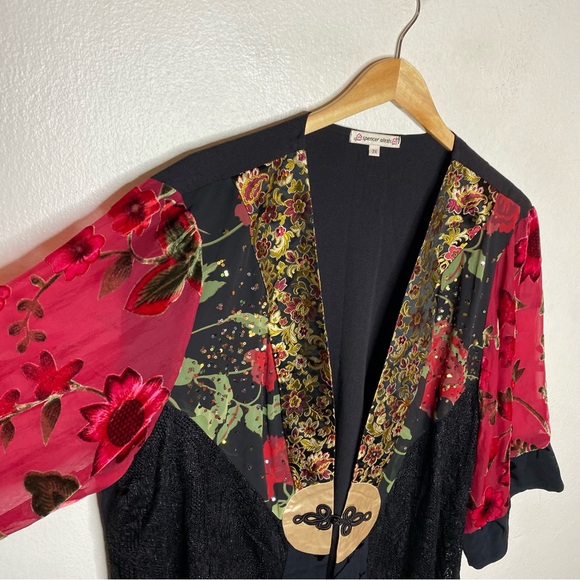 Spencer Alexis Red Black Floral Sheer Sleeve Velvet Detail Kimono Lace Size 2X - Picture 6 of 13